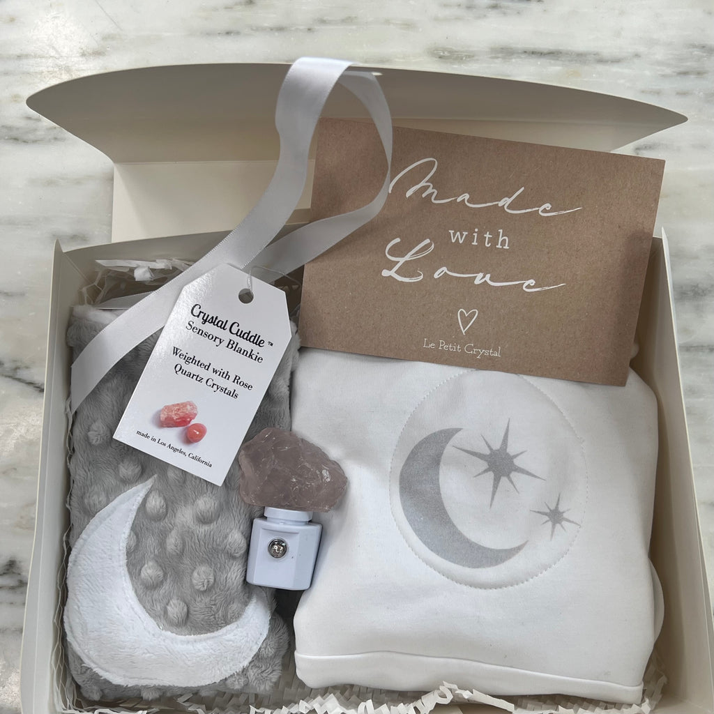 Crystal Cuddle™ Baby Gift Set | Weighted Sleep Sack + Weighted Baby Blanket with Rose Quartz and Crystal Night Light