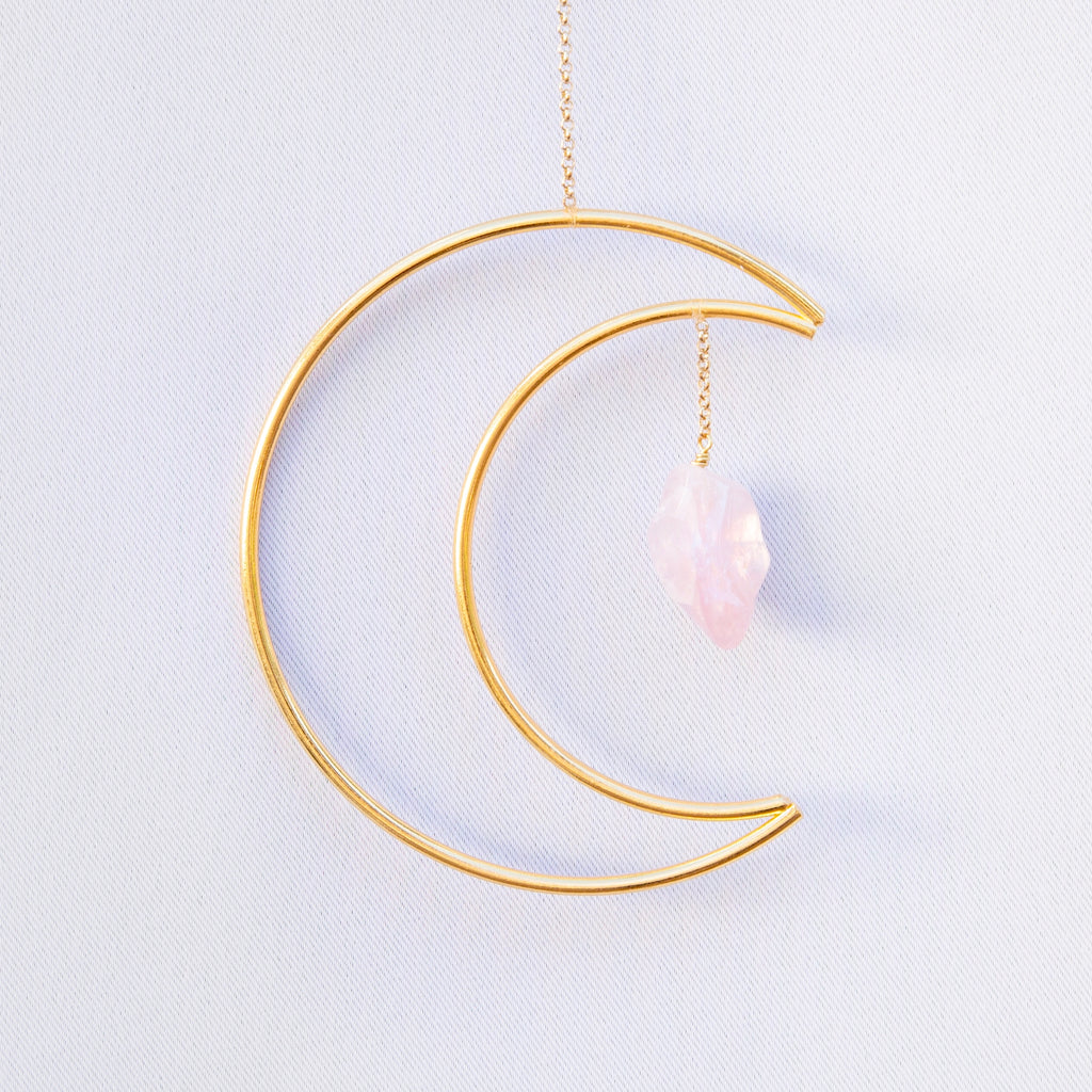 Mini Crescent Moon Crystal Wall Hanging Suncatcher - Rose Quartz