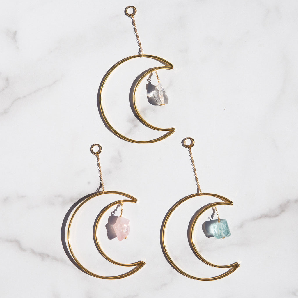 Mini Crescent Moon Crystal Wall Hanging Suncatcher - Rose Quartz