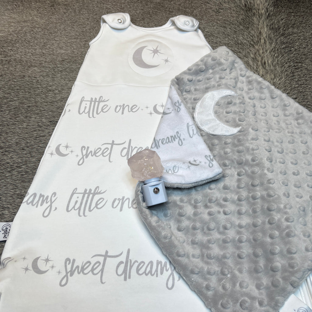 Crystal Cuddle™ Baby Gift Set | Weighted Sleep Sack + Weighted Baby Blanket with Rose Quartz and Crystal Night Light